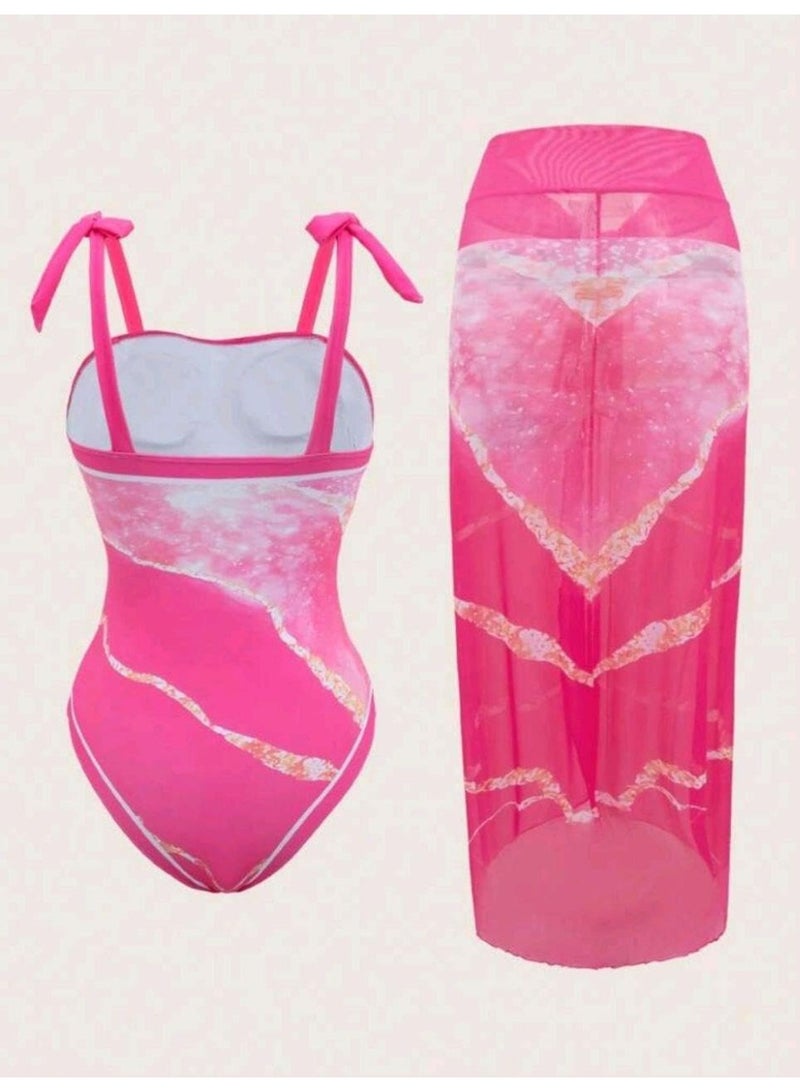 شي إن SHEIN-Swim Printed Strap Beachwear Set, Including One-Piece Swimsuit And Cover Up Skirt - Image 3